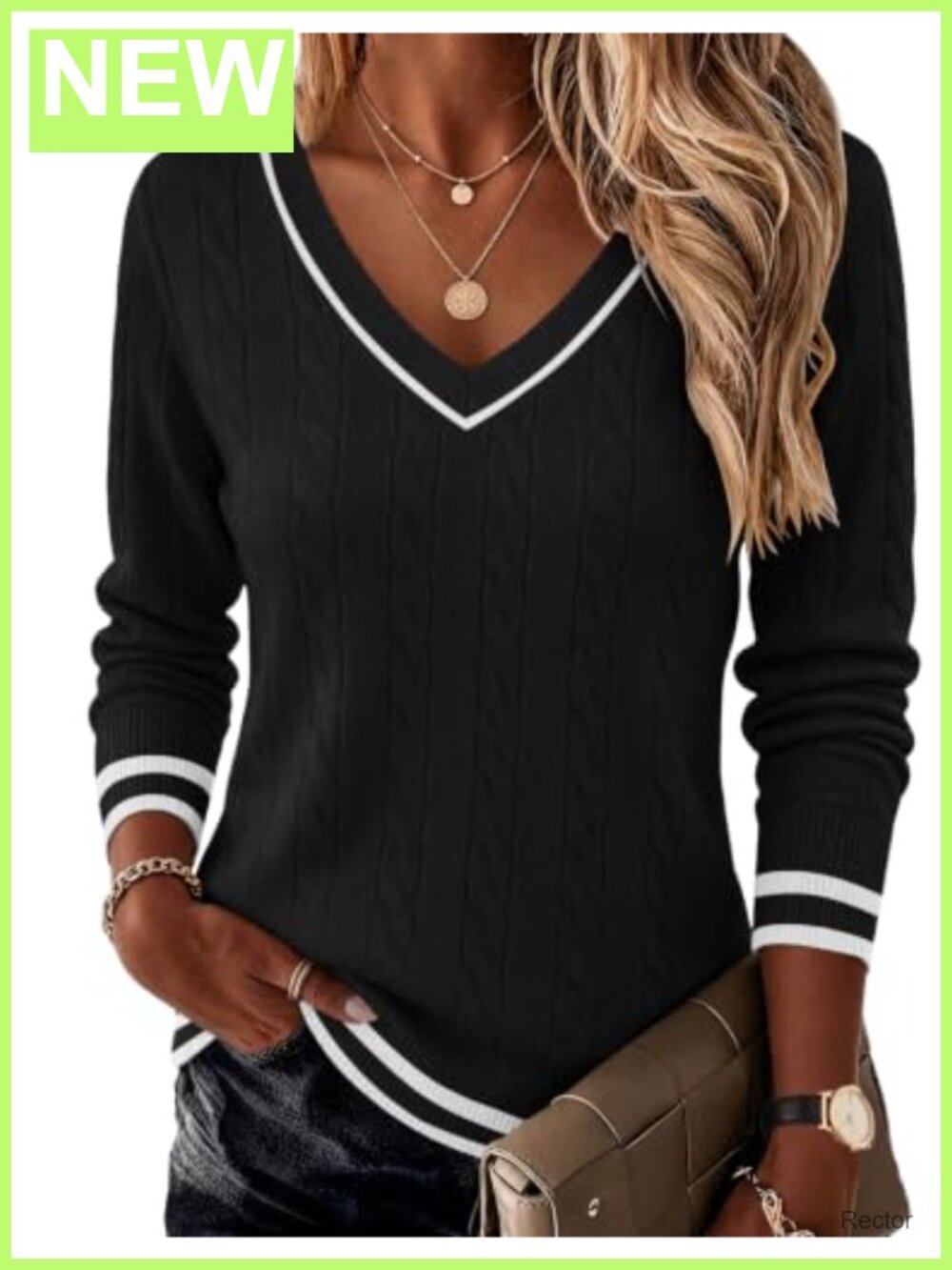 Viscose Nylon Polyester Cable Knit V Neck Long Sleeve Sweater Pullover